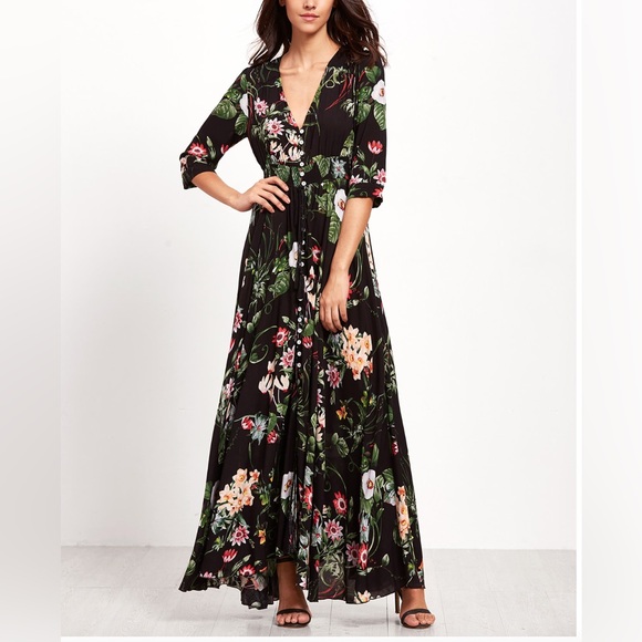 Boho Floral Smocked Waist Button Through Floral Maxi Dress Black - Picture 3 of 9